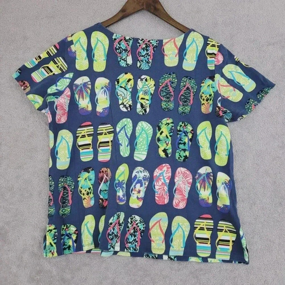 Quacker Factory Women L Flip Flop All Over Print T-Shirt Short Sleeve 7CT - Picture 2 of 8